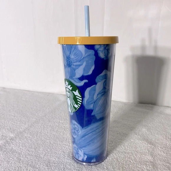 Starbucks Blue White Cactus Floral Acrylic Tumbler W Lid & Straw - Picture 2 of 12